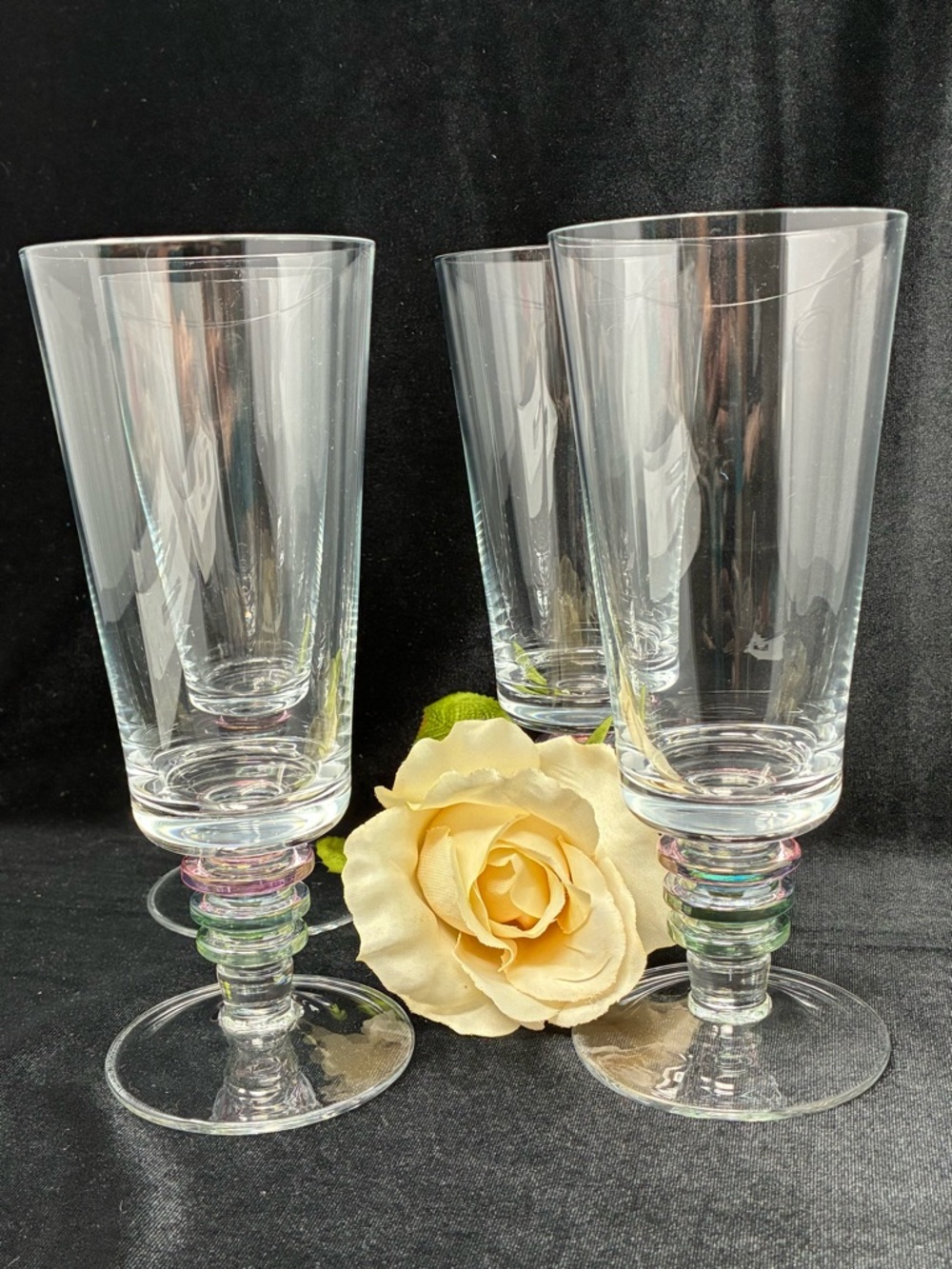 Block Crystal Carnival Pattern Iced Tea Glasses, 7 3/4" Set of 4 Art Deco